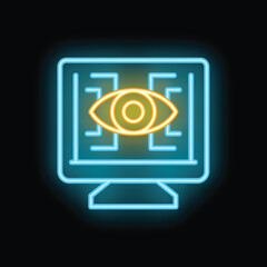 Poster - Neon computer icon with eye in center representing computer vision technology