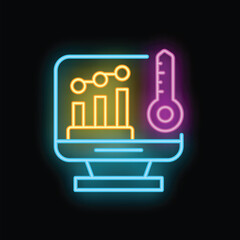 Poster - Neon sign of a computer screen displaying a growing chart and a thermometer, representing performance analysis