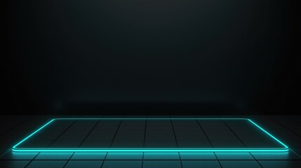 Leinwandbilder - A rectangular neon - lit frame in a vibrant cyan color lies on a tiled floor against a dark background, creating a modern and futuristic visual element.
