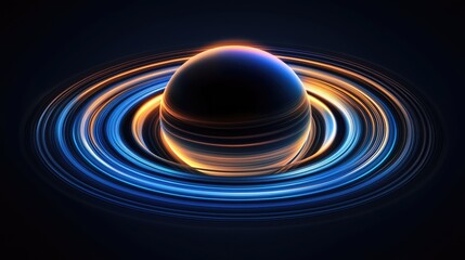 Fototapete - A glowing spherical object surrounded by multiple concentric, colorful rings on a dark background, creating a mesmerizing and futuristic visual reminiscent of celestial bodies and advanced technology.