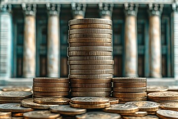 Poster - Stack of coins arranged neatly on a wooden table with natural lighting and a soft background