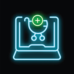Poster - Neon icon of add to cart button on laptop screen representing online shopping and ecommerce business