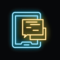 Poster - Bright neon icon of a smartphone displaying multiple chat bubbles, symbolizing active conversations and new messages