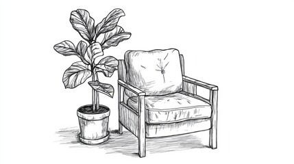 Wall Mural - A one-line drawing of a contemporary living room, showcasing an armchair, plant, floor lamp, and carpet, with editable strokes and hand-drawn contours. A modern doodle with a flower in a pot