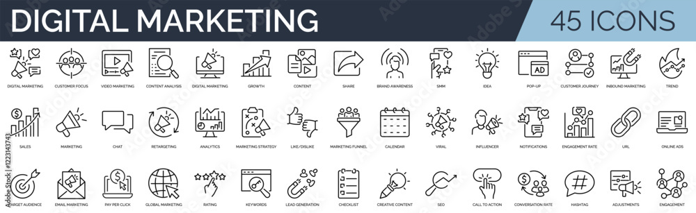 Set of 45 outline icons related to digital marketing. Linear icon ...
