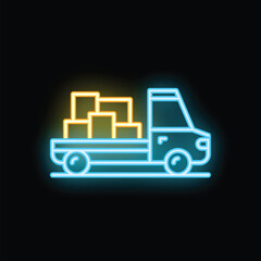 Poster - Neon light icon representing a delivery truck carrying parcel boxes, symbolizing shipping and logistics