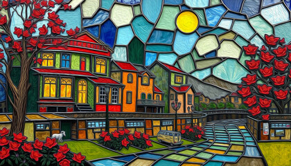  Colorful stained glass window. Multicolored interior design template. Oil painting
