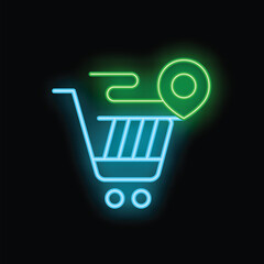 Poster - Neon shopping cart icon with location pin glowing on a dark background representing the concept of online shopping