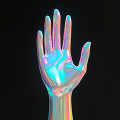 A futuristic 3D art concept with an abstract holographic design, depicting a hand gesture with a liquid metallic texture, isolated on black