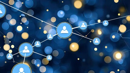 Fototapete - Visuals of digital networking with glowing nodes and user icons on a dark background, showcasing technology
