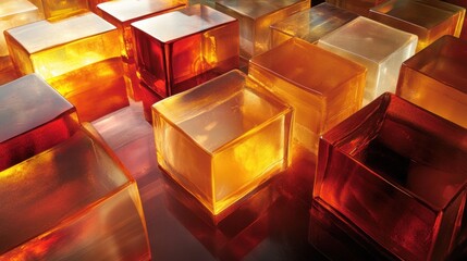 Poster - Close-up of transparent red and orange glass cubes reflecting light in abstract pattern