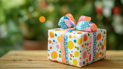 Colorful polka dot gift box with ribbon on wooden table in bright garden setting