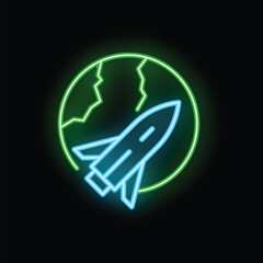 Aufkleber - Neon sign icon of a rocket leaving earth with cracks in it