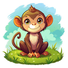Wall Mural - Vector illustration of a baby monkey on the grass on white background - Generative AI
