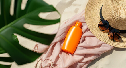 Wall Mural - Orange sunscreen bottle, sunglasses and straw hat lying on pink sarong on sandy beach under tropical monstera leaf, creating relaxing summer vacation mood