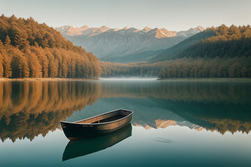 Naklejka na meble Peaceful lake with a small boat at sunrise