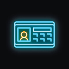 Poster - Blue neon icon of an intercom system displaying a user profile with a yellow backlight on a black background