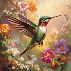 Poster - Hummingbird in Flight with Flowers,