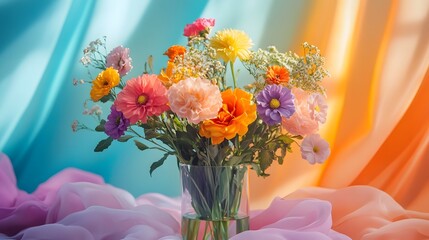 Poster - Stunning vibrant and colorful fluid floral arrangement featuring a bouquet of blooming flowers in a vase with soft layered gradients flowing shapes and a modern creative and aesthetic charm