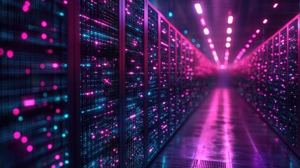 Poster - Illuminated Data Center Servers  Rows Gleaming Brightly