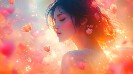 Poster - captivating radiant portrait of elegant feminine beauty enveloped in dreamlike gradient designs and 