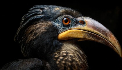 close-up side portrait of a hornbill with detailed feathers and a striking yellow and brown beak on 