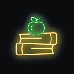 Canvas Print - Neon sign illuminating a stack of books with an apple on top, symbolizing education and knowledge