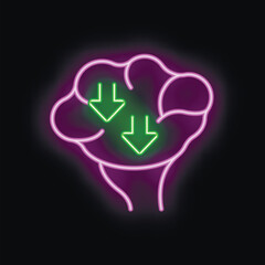 Poster - Neon sign illustrating a fist with download arrows hovering over it against a black background