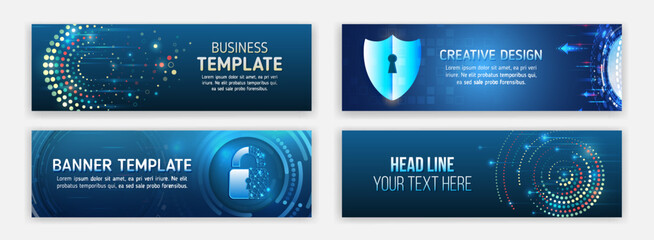 Poster - Internet communication, science, big data, cover design set. Sci-fi vector sample concept. High-tech horizontal banner template. Modern banner design with technology element. Data protection,