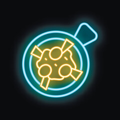 Poster - Glowing neon line frying pan with food icon isolated on black background. Vector illustration