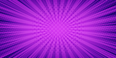 Poster - Vector pop art background with bright blue purple radial rays and halftone dotted texture. Comic magazine cover. Template for sale banner, poster, ads, web, social media