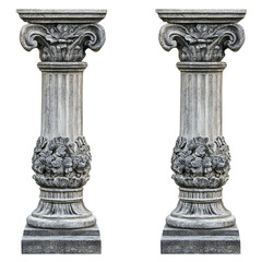 Poster - A pair of identical, intricately carved stone columns with floral ornamentation stand side-by-side against a black background.