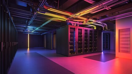 Poster - Data center operations modern facility photography high-tech environment wide-angle view futuristic design for optimizing network infrastructure
