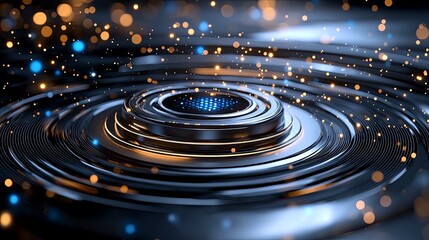 Poster - Dynamic particle effects creating ripples in a futuristic water surface abstract visualization digital art dark environment close-up perspective for impactful display