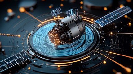 Poster - Innovative satellite technology revolutionizing space exploration and communication outer space digital art futuristic environment close-up viewpoint scientific concept