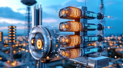 Poster - Advanced energy storage systems urban cityscape digital art futuristic environment aerial view innovative concepts for sustainable technology