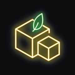 Poster - Neon sign illustrating the concept of green blockchain technology with a green leaf growing from digital cubes