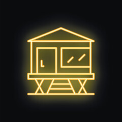 Poster - Neon sign depicting a simple bungalow dwelling, illuminated against a dark backdrop