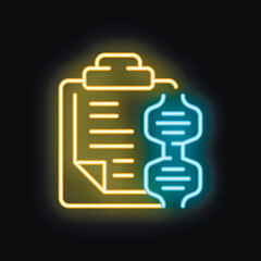 Poster - Neon glowing icon of a clipboard representing a medical report with a dna double helix, symbolizing genetic research and analysis