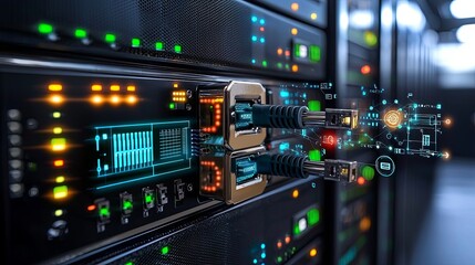 Poster - Data transmission and network connectivity action server room location digital infrastructure content type high-tech environment close-up viewpoint data management concept for seo impact