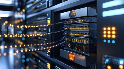 Poster - Data center network infrastructure high-tech facility digital storage equipment modern environment close-up view connectivity concept for enhanced performance