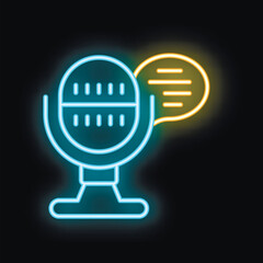 Poster - Neon microphone icon with a speech bubble glowing on a black background, representing communication and broadcasting