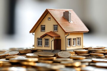 Aufkleber - Small house model placed on a stack of coins representing financial investment and real estate concept
