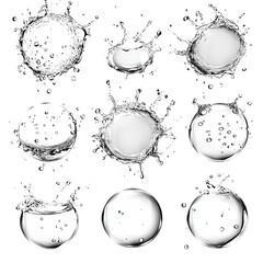 Poster - A collection of high resolution images depicting various water splashes and bubbles isolated on black background.