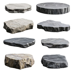 Poster - A diverse collection of eight natural stone platforms and slabs, varying in color and shape, isolated on a black background.