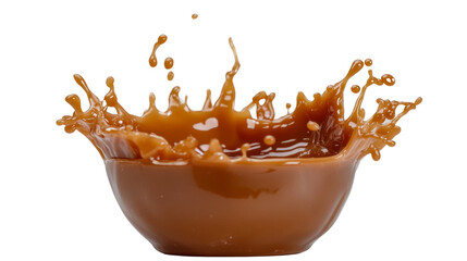 Poster - A close-up shot depicts a splash of caramel liquid in a small bowl against a black background.