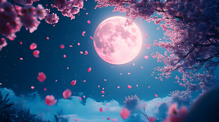 Wall Mural - the moon was bright at night and the cherry trees were falling in the wind