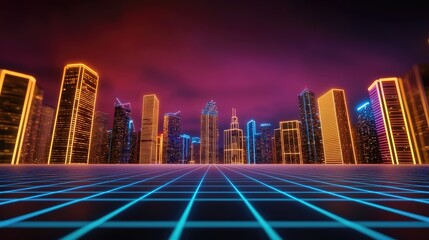 Poster - A vibrant, futuristic city skyline illuminated with neon lights under a colorful sky, creating a stunning digital landscape.