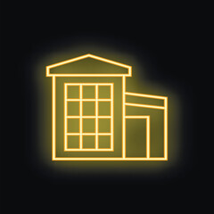 Poster - Simple neon yellow office building with glowing windows, perfect for projects related to business, architecture, and urban life