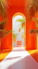 Aufkleber - In a radiant space bathed in orange tones, tall palm trees create a serene atmosphere, leading the eye toward a minimalist archway that beckons with whispers of adventure and peace